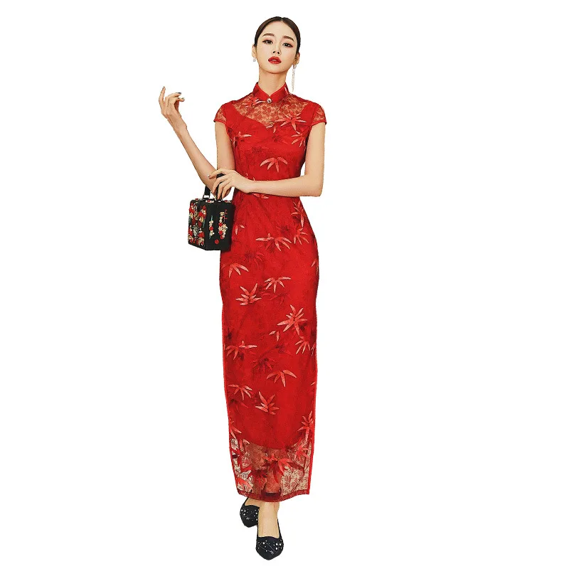 Rdeče Čipke Ženski Tesen Dolgo Qipao Elegantno Klasično Cvetlični Cheongsam Kitajske Obleke Mandarin Ovratnik Vestidos Oversize S-3XL