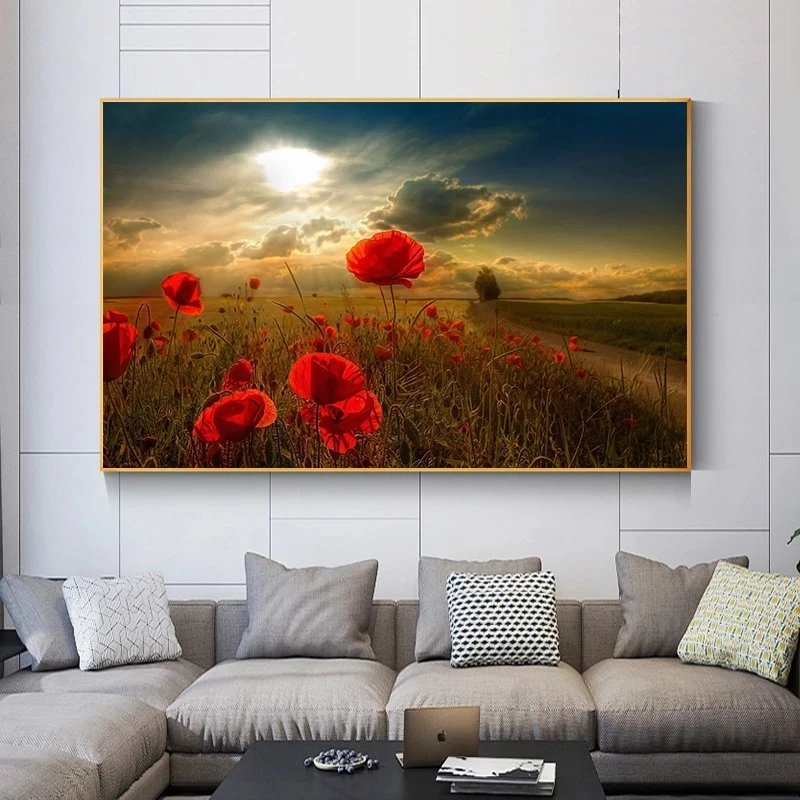 Rdečega Maka Platna Slike Sunset Platno Plakatov in Fotografij Cvetje Wall Art Slik, Dnevna Soba Dekoracijo