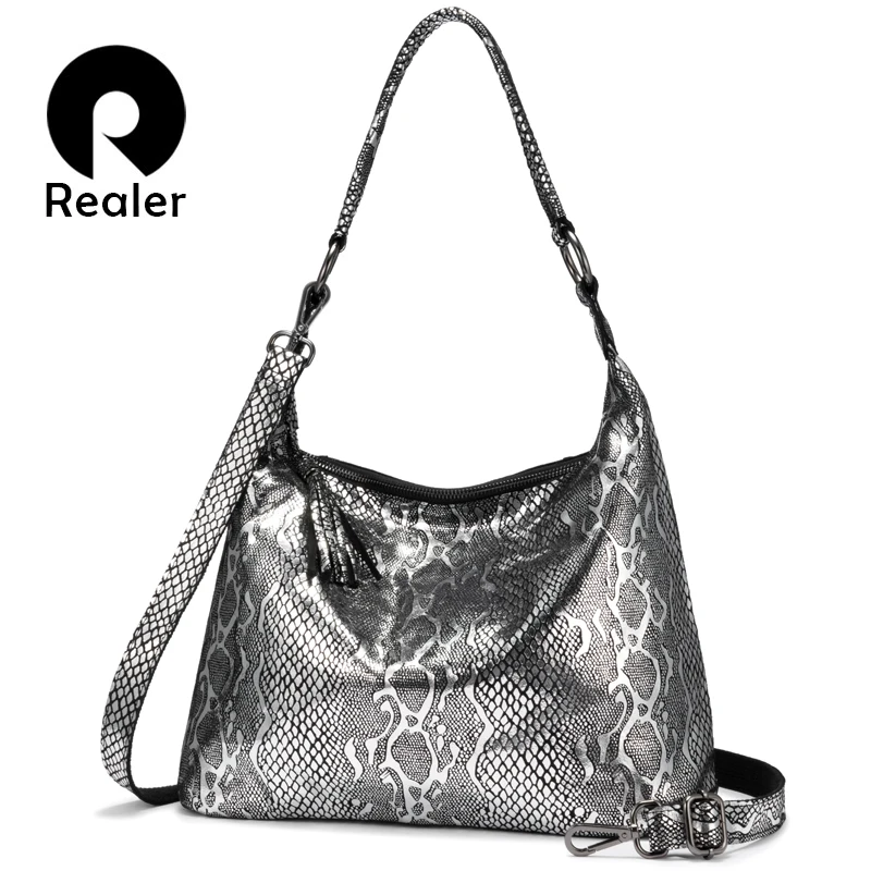 REALER ramo torbe za ženske 2019 pravega usnja luksuzni torbici oblikovalec velike Hobos z tassel živali natisne torba ženske