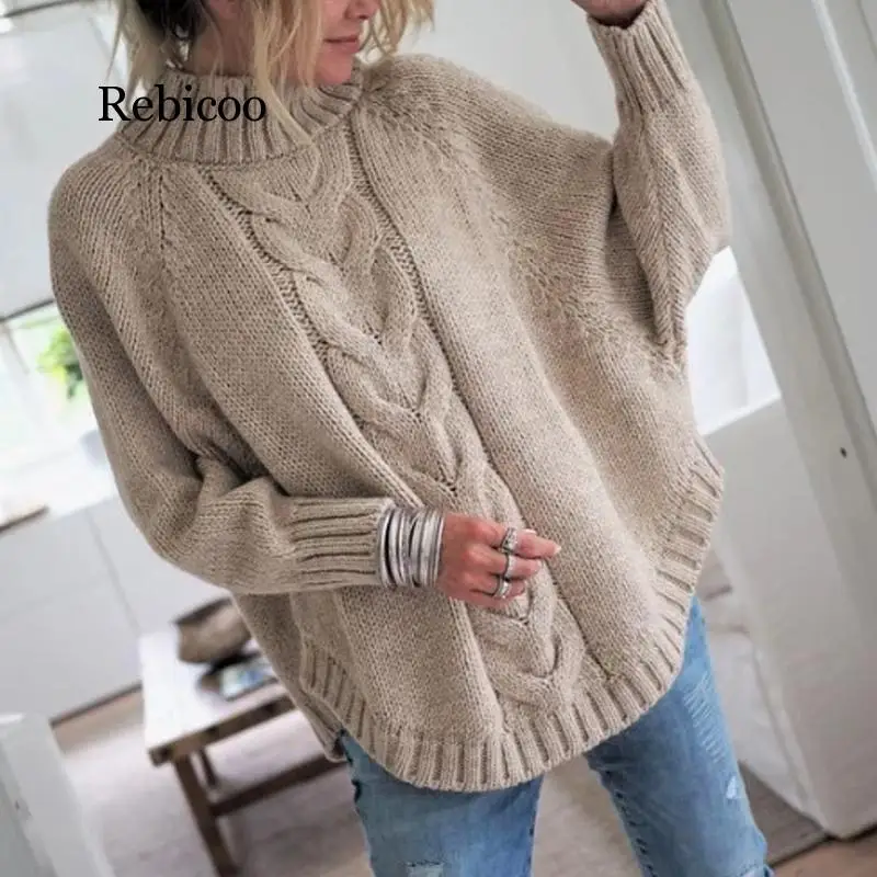 Rebicoo Nezakonitih ženske turtleneck pulover plus velikost jeseni, pozimi ženske skakalec vrhovi toplo ohlapno pleteno puloverju pulover ženske
