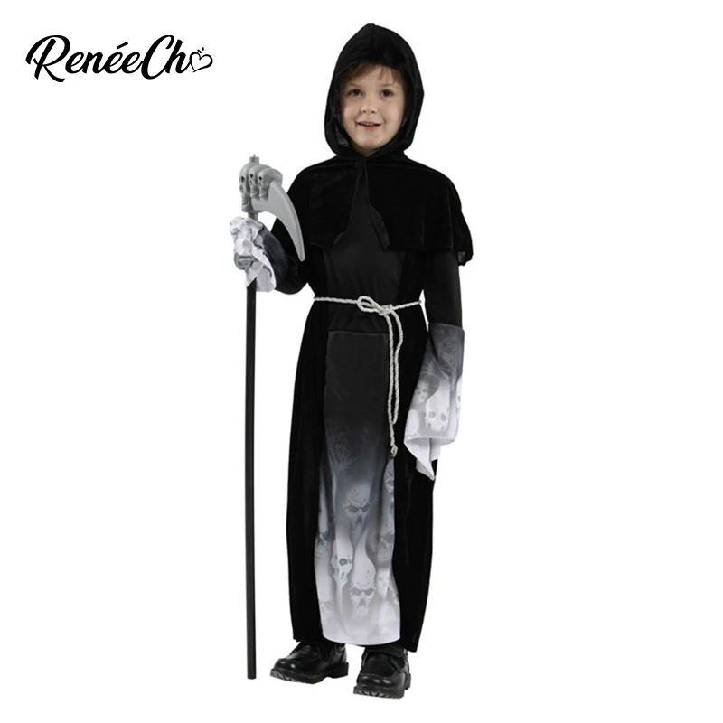 Reneecho Grim Reaper Otrok Kostum Fantje Okostje Cosplay Halloween Kostum Za Otroci Hooded Haljo In Pasu Nastavite Za 4-12 Let