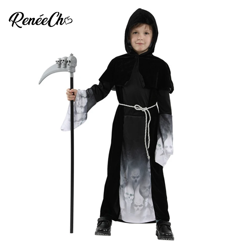 Reneecho Grim Reaper Otrok Kostum Fantje Okostje Cosplay Halloween Kostum Za Otroci Hooded Haljo In Pasu Nastavite Za 4-12 Let