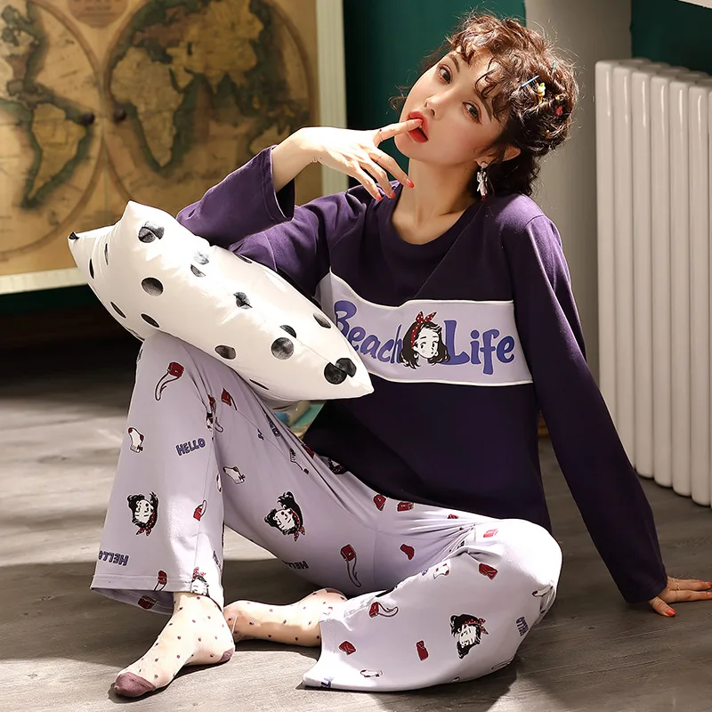 Risanka Natisnjeni Ženske Pižame Dva-Delni Set Dolgo Sleeve T-Shirt Naravnost Hlače, Bombaž korejski Homewear Žensk More