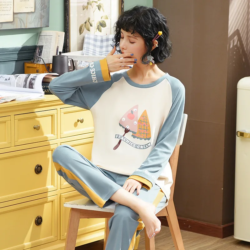Risanka Natisnjeni Ženske Pižame Dva-Delni Set Dolgo Sleeve T-Shirt Naravnost Hlače, Bombaž korejski Homewear Žensk More