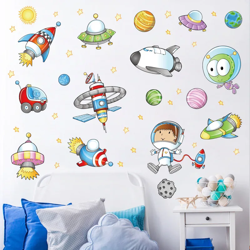 Risanka Prostor Astronavt stenske nalepke otrok soba, Zunanji Prostor Planet Galaxy Raketo dekorativni wallstickers diy ozadja