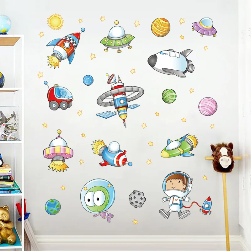 Risanka Prostor Astronavt stenske nalepke otrok soba, Zunanji Prostor Planet Galaxy Raketo dekorativni wallstickers diy ozadja