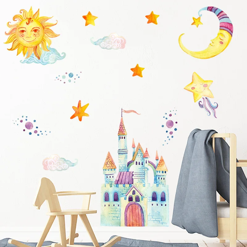 Risanka sun moon grad stenske nalepke otrok otroci soba dom dekoracija spalnica zidana izmenljive ozadje vrtec dekor nalepke