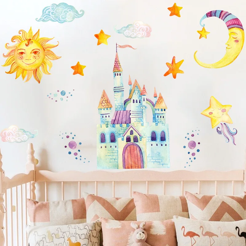 Risanka sun moon grad stenske nalepke otrok otroci soba dom dekoracija spalnica zidana izmenljive ozadje vrtec dekor nalepke
