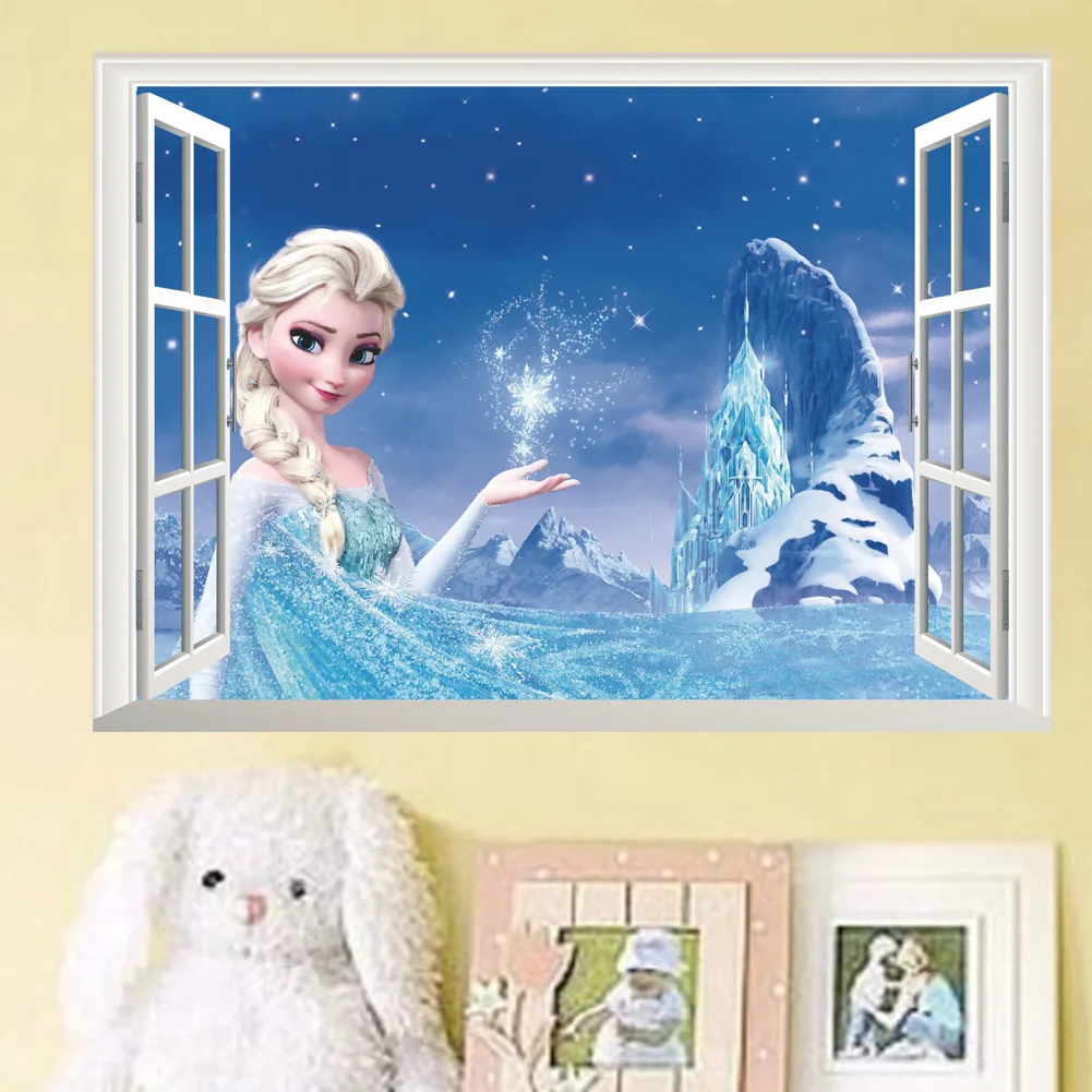 Risanka Zamrznjene Elsa Ana Princesa Okna 3d Stenske Nalepke za Dekleta, Otroci Soba Dekoracijo Izmenljive Otroci Spalnica Plakat Nalepko