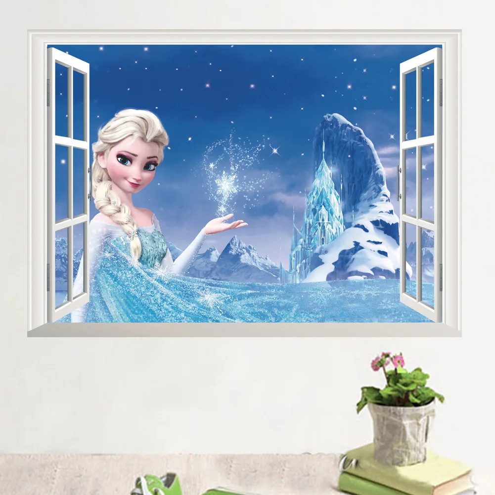 Risanka Zamrznjene Elsa Ana Princesa Okna 3d Stenske Nalepke za Dekleta, Otroci Soba Dekoracijo Izmenljive Otroci Spalnica Plakat Nalepko