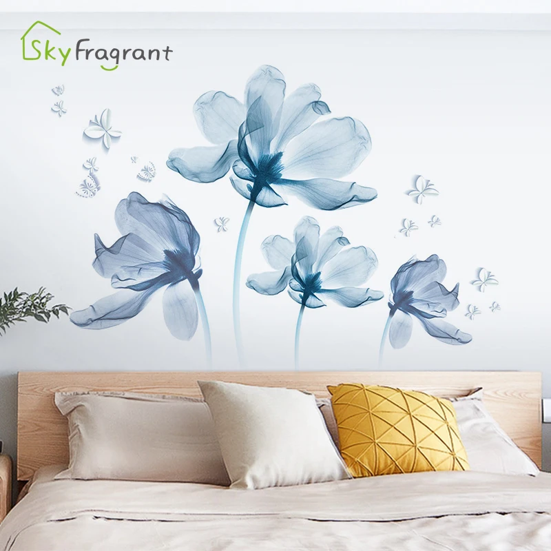 Romantični modro cvetje stenske nalepke, dnevna soba, spalnica dekor doma v ozadju stene dekor samolepilne nalepke soba dekoracijo