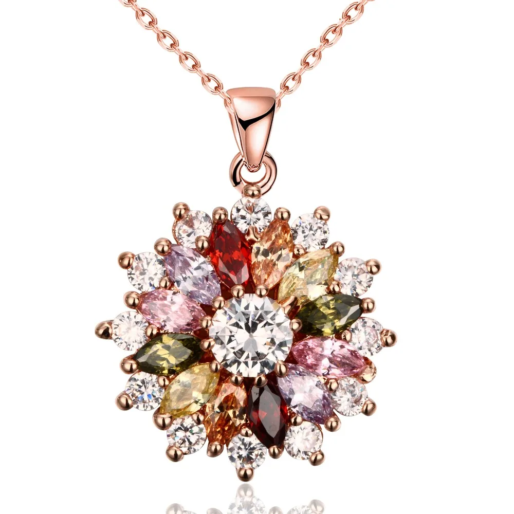 Rose Gold Barvi obesek & ogrlice za ženske,prekrita zlato Multi Color AAA Kubičnih Cirkon cvet ogrlica za ženske, nakit