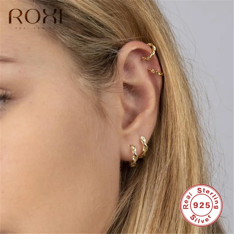 ROXI Minimalističen 925 Sterling Srebro Twisted Stud Uhani za Ženske Geometrijske Krog Obroče Majhne Uhane, Helix Piercing Earings