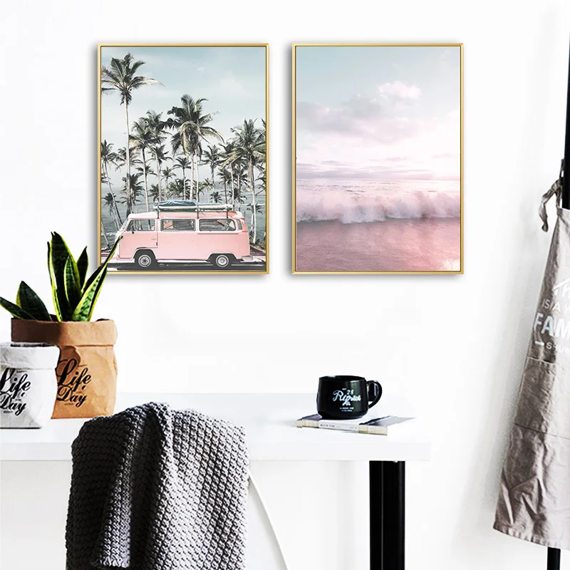 Roza Avtobus Ocean Beach Seascape Plakat in Tiskanje Skandinavski Slog Platno Stenskih slikah, Palmovo Drevo Življenja Stolp Krajinskega Slikarstva