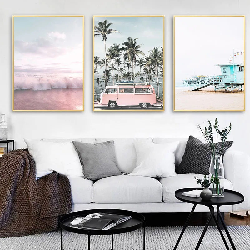 Roza Avtobus Ocean Beach Seascape Plakat in Tiskanje Skandinavski Slog Platno Stenskih slikah, Palmovo Drevo Življenja Stolp Krajinskega Slikarstva