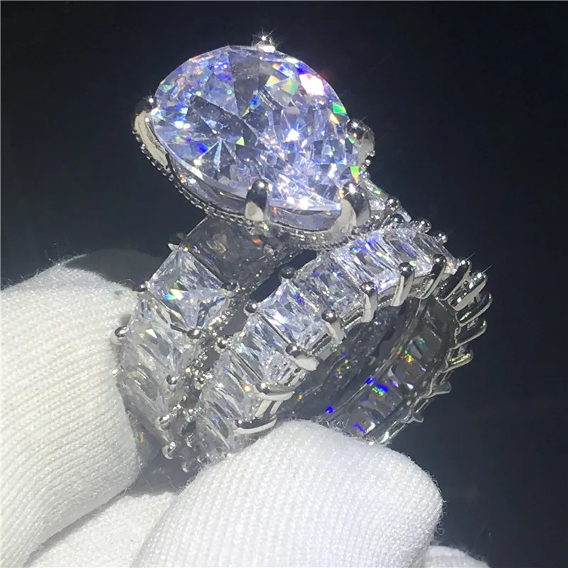 Ročno Pear rez 8ct Lab Diamantni Prstan določa 925 sterling srebrni Nakit Angažiranost, Poročni bend, Obroči za Ženske, moške Stranke Bijou