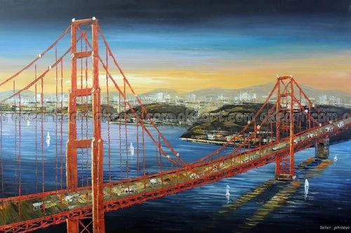 Ročno poslikane Golden Gate Bridge Briljantno Oranžna Sunrise San Francisco Bay Oljna slika brezplačna dostava Visoke kakovosti