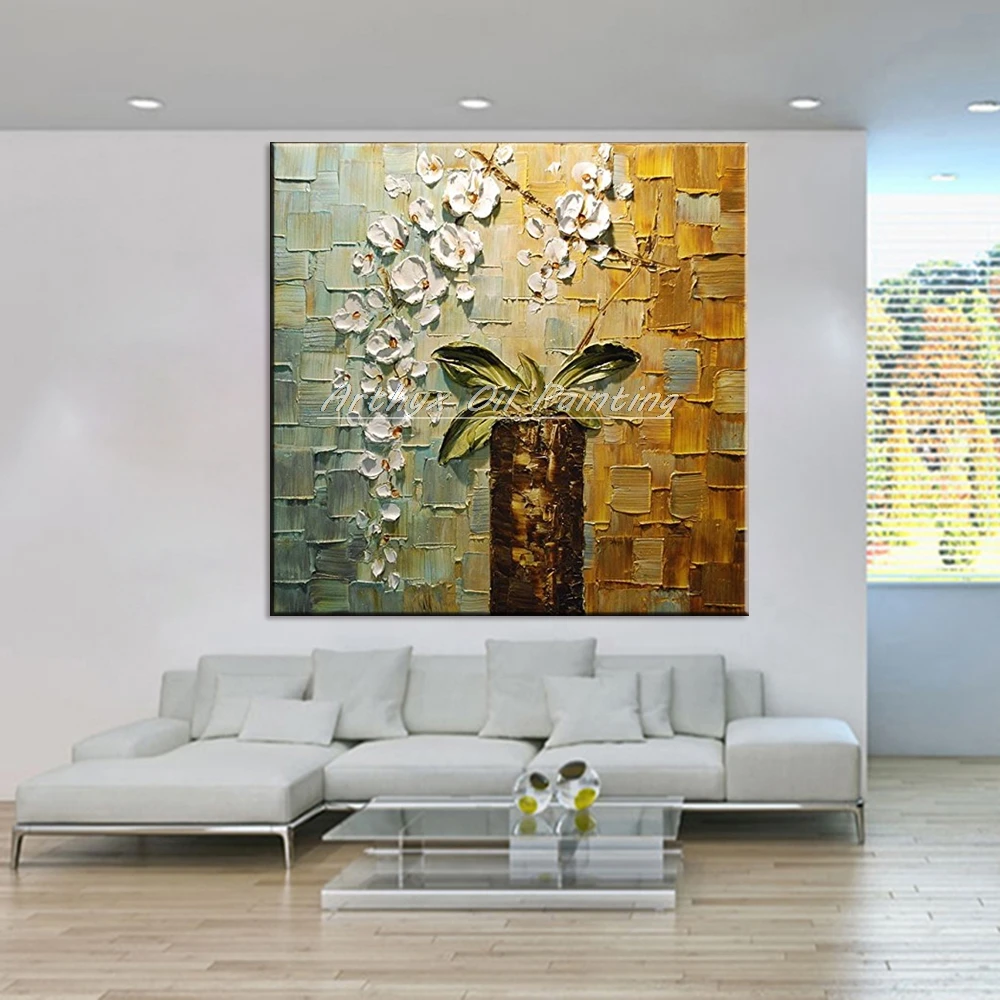 Ročno Poslikane Sodobno Abstraktno Doma Dekoracijo Steno Dnevne Sobe V Slikah, Bela Orhideja Cvetje Paleta Nož Platno Oljno Sliko