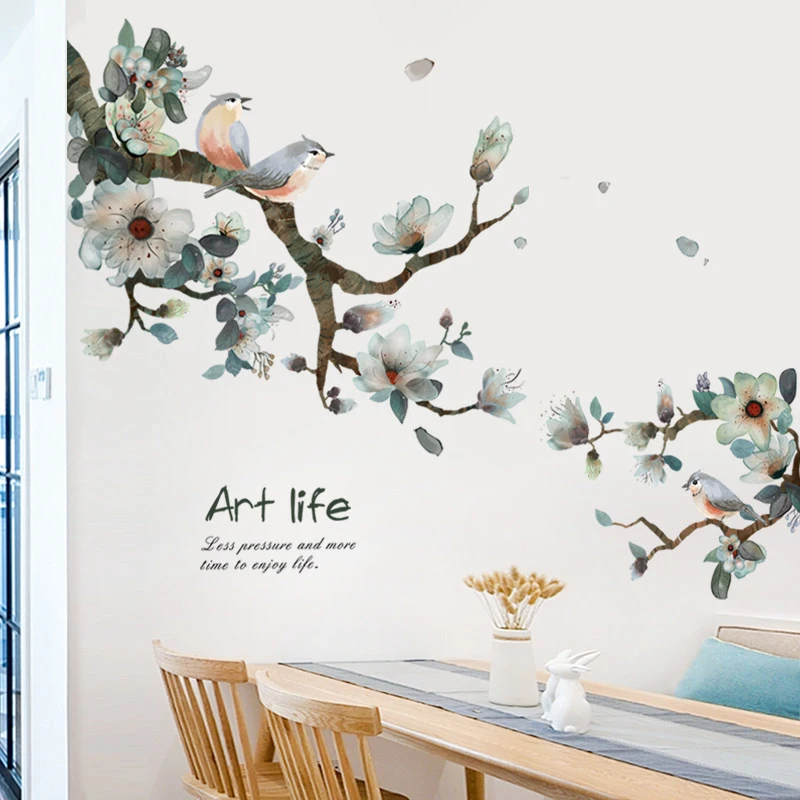 Ročno poslikano črnilo cvet in ptic Stenske nalepke Toplo Kitajski veranda Dnevna soba, TV ozadju Dekoracijo samolepilne Nalepke