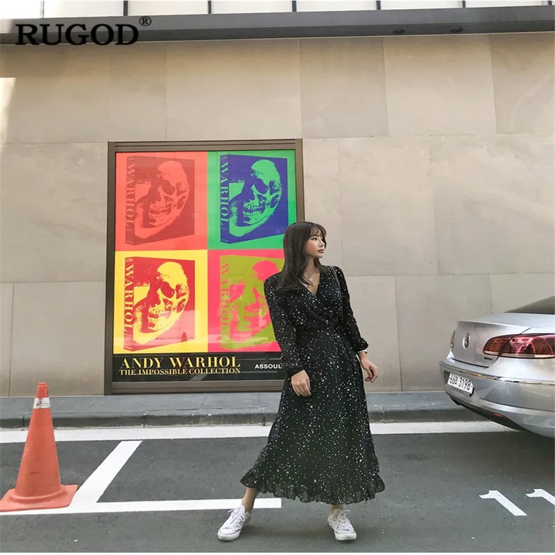 RUGOD Elegantna Star natisnjeni dolga obleka ženske Mode V vratu, Dolgi Rokavi, Črn šifon Obleko 2019 Pomlad Poletje Big Robom Vestidos