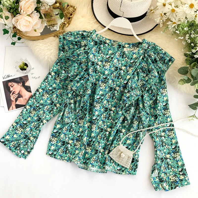 RUGOD Letnik cvjetnim tiskanja ruffle bluzo ženske elegantne O vratu dolg rokav šifon bluzo feminino sladko zelena vijolična majica lady