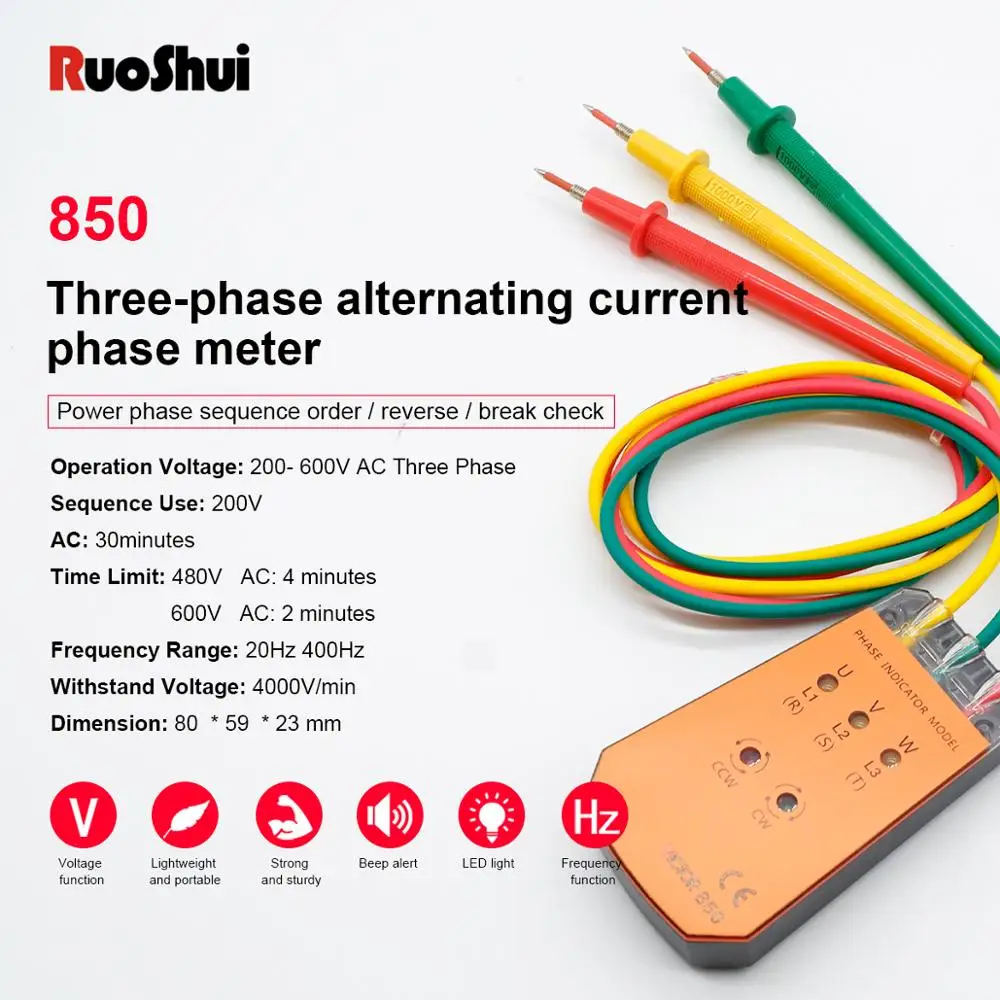 RuoShui 850 Tri Faze Kazalnik kabel tracker Vrtenja Faznega Zaporedja Tester z LED lučko 200V - 400V Napetost Meter