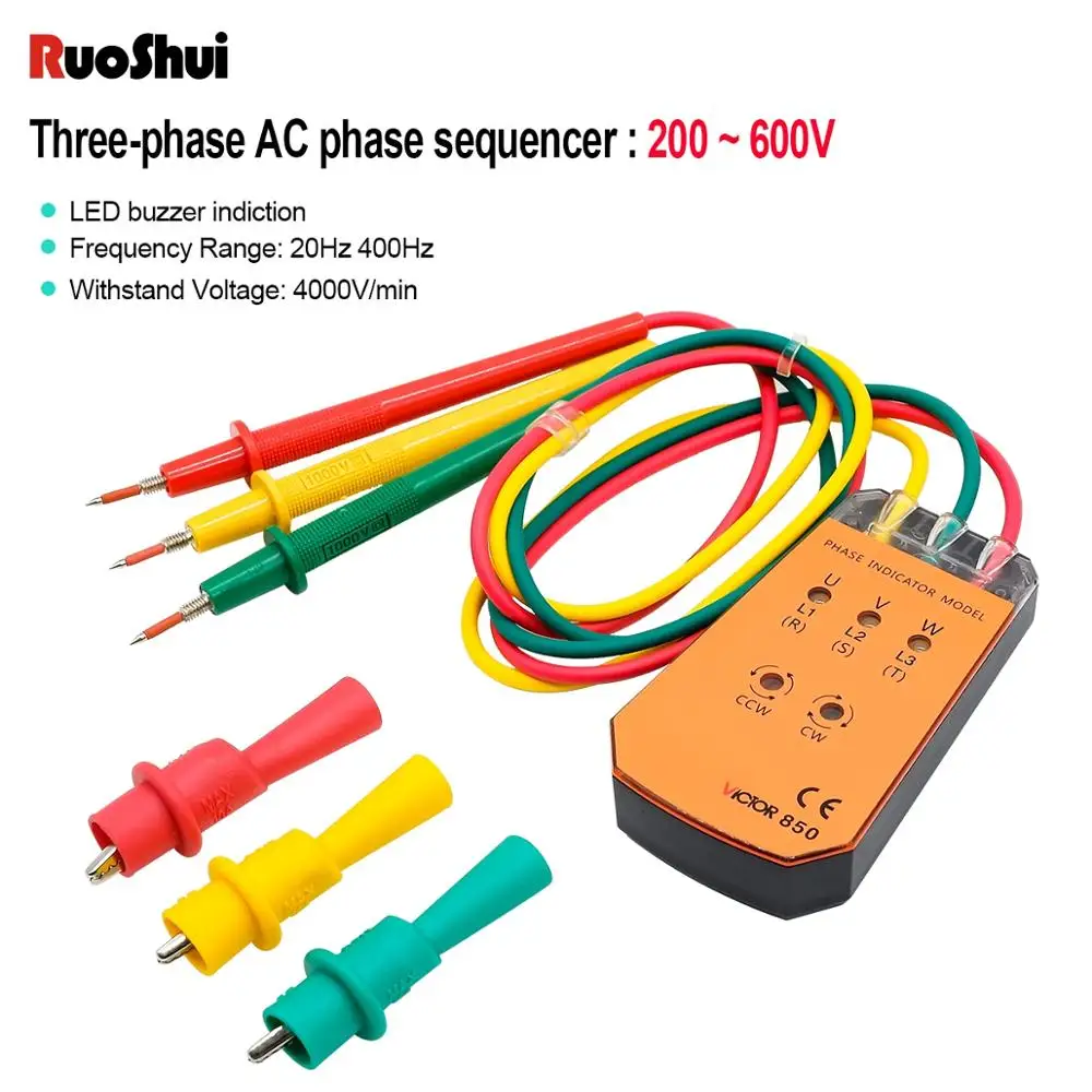 RuoShui 850 Tri Faze Kazalnik kabel tracker Vrtenja Faznega Zaporedja Tester z LED lučko 200V - 400V Napetost Meter