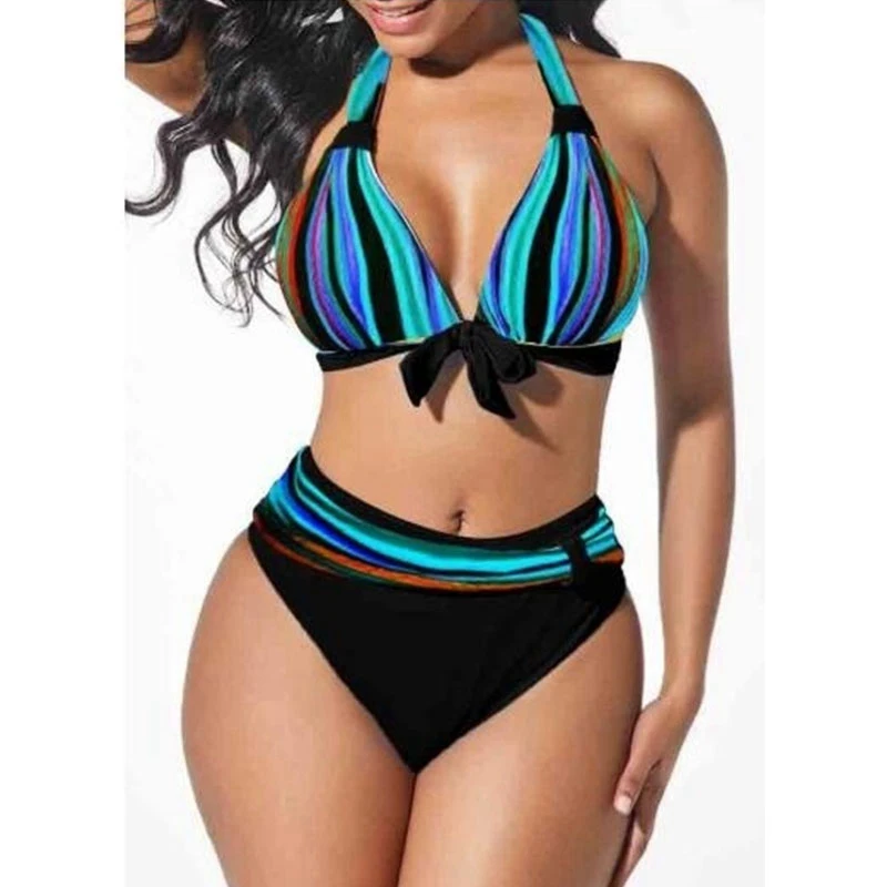 S-5XL Plus Velikost Neon Prugasta Bikini Komplet Push Up Ženske Visoko Pasu Povodcem Plaži Kopalke Retro Bowknot kopalke, Plavanje Obleko