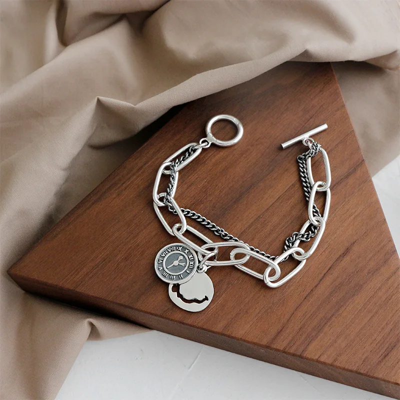 S925 sterling srebrna zapestnica retro ura smeška oznako verige ljubitelje zapestnica osebno srebro dvojno verigo nakit