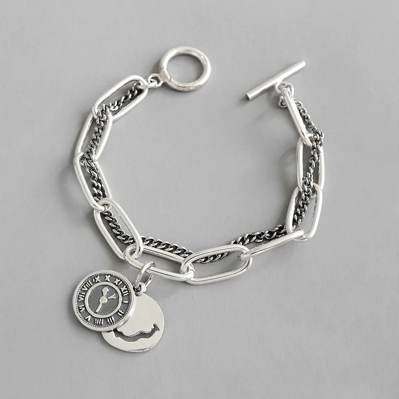 S925 sterling srebrna zapestnica retro ura smeška oznako verige ljubitelje zapestnica osebno srebro dvojno verigo nakit