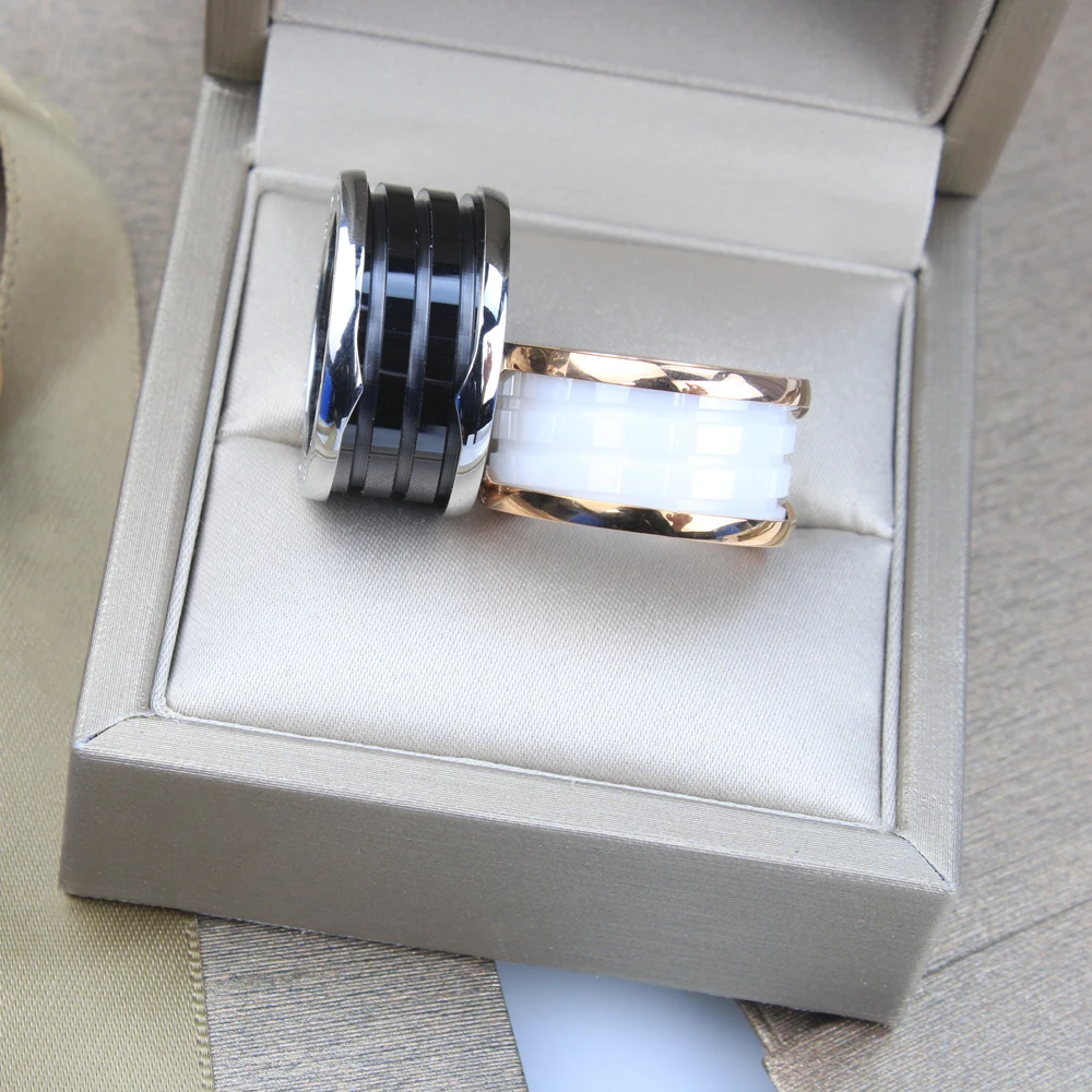 S925 sterling srebrna črna bela keramika, klasični poročni prstani band zlato treh krogih obroči za pare, ženska moda nakit