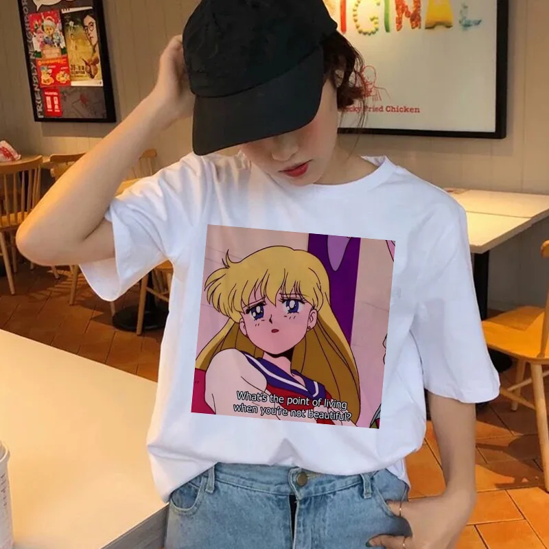 Sailor Moon kawaii T Shirt grunge estetske Moda Zabavno T-Shirt Tees Harajuku Luštna Ženska Mačka Ženske Risanka Tshirt Ulzzang Vrh