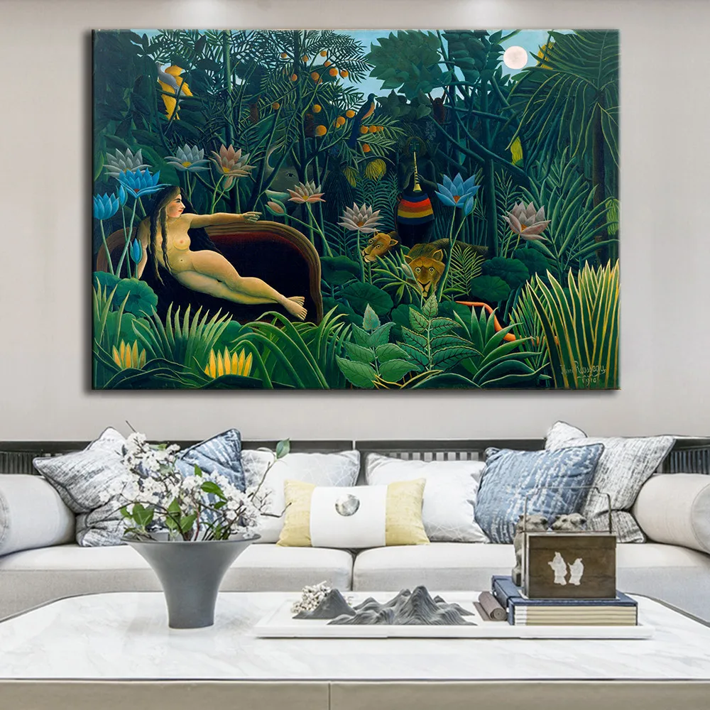 Sanje, ki jih Surrealist Umetnik Henri Rousseau Platno, Tisk Slikarstvo Gola Ženska Tropskih Deževnih Gozdov, Naravnih Živalskih Home Decor Art