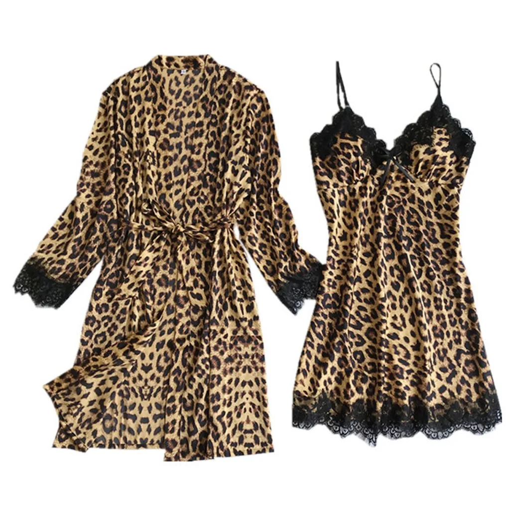 Saten Svila Pižamo Leopard Tiskanja Dva Kosa Iz Ženske Jopico Nightdress Kopalni Plašč Ženski Plašči Perilo Sleepwear Feminina #G2