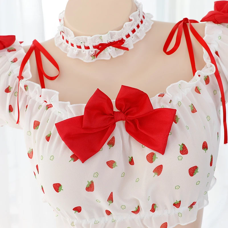 Seksi & Sweet Strawberry Tiskanja Perilo Pregleden Nabor Uniforme Dekle Šoli Kawaii Anime Cosplay Bowknot Pižamo z Choker
