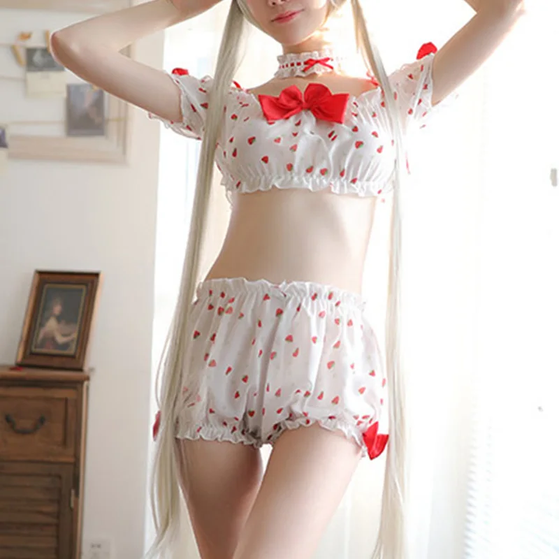 Seksi & Sweet Strawberry Tiskanja Perilo Pregleden Nabor Uniforme Dekle Šoli Kawaii Anime Cosplay Bowknot Pižamo z Choker
