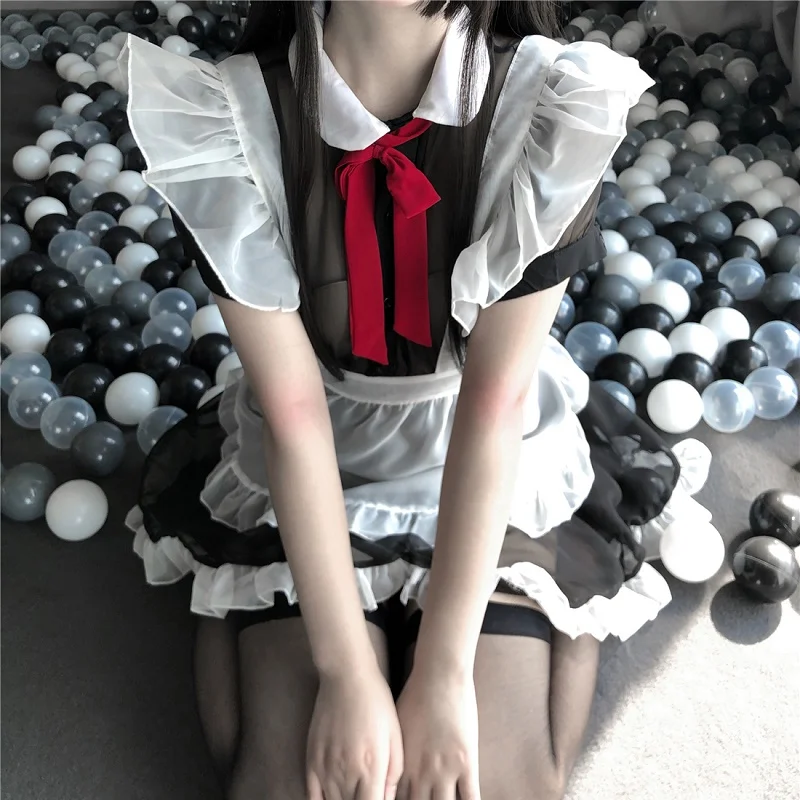 Seksi Cosplay Kostume Mlado Dekle Očesa Kawaii Japonski Slog Black Devica Obleko, Predpasnik Domov Nositi Oblačila
