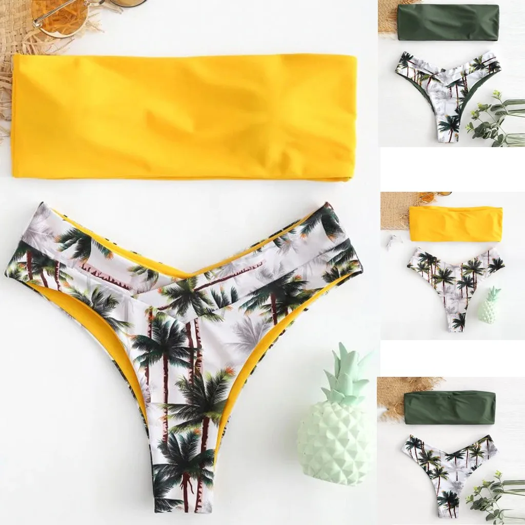Seksi Dvodelni Ženske Bikini Komplet Kokosovo Tiskanja Oblazinjeni Kopalke Kopalne Kopalke Plažo Bather Obleko, Plavanje Obleko Biquini 2020