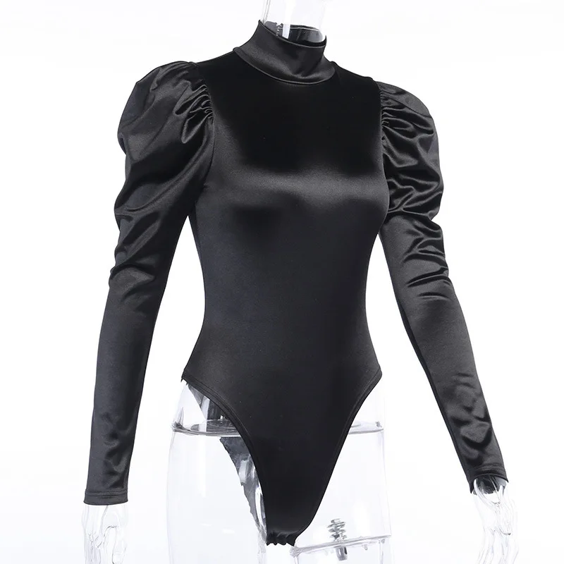 Seksi obleka, črni turtleneck ženske jumpsuit puff long sleeve vintage slim bodysuits zip vrhovi kombinezon, ženska, ulične 2020