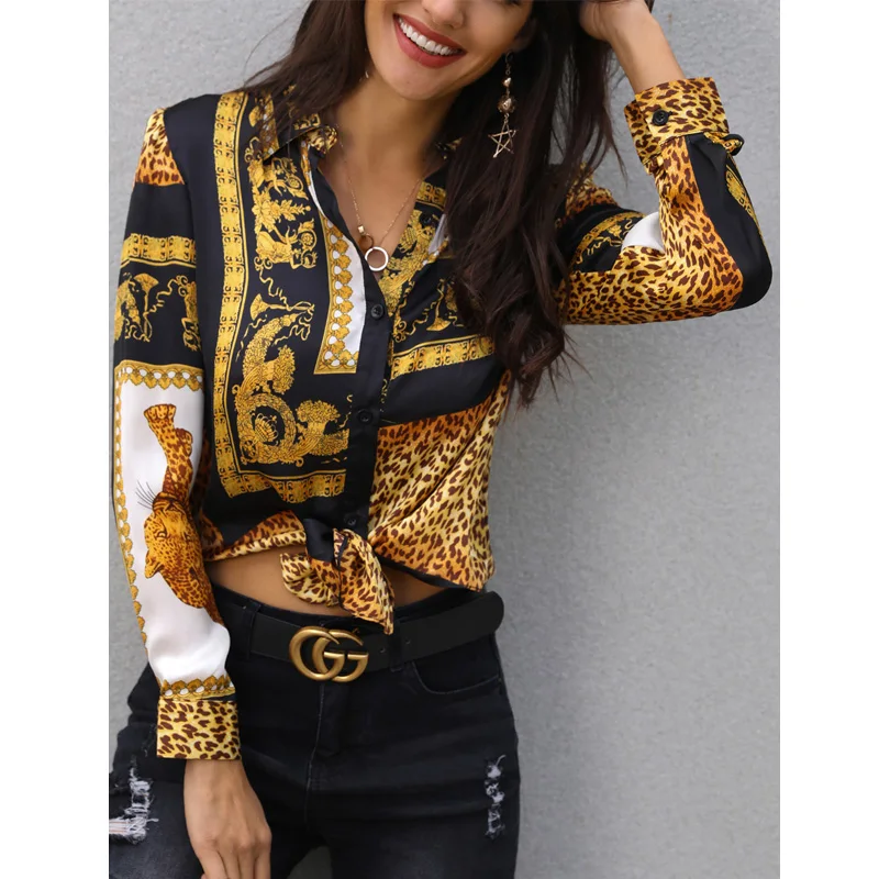 Seksi Žensk Colorblock Leopard Tiskanja Bluzo Zavoj navzdol Ovratnik Shirt Elegantne Dame delovna oblačila Gumb Bluze