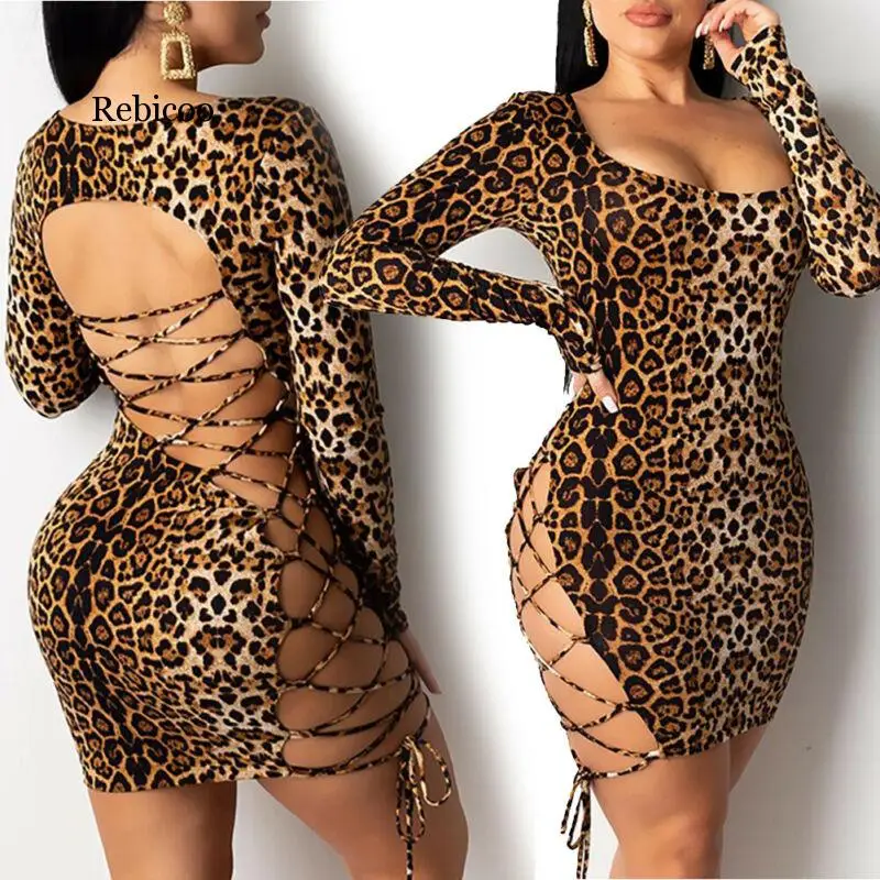 Seksi Žensk Križ Povoj Backless Leopard Tiskanja Mini Obleka Ženske Dolg Rokav Tiskanja Stranka Klub Bodycon Obleko Femme Vestidos
