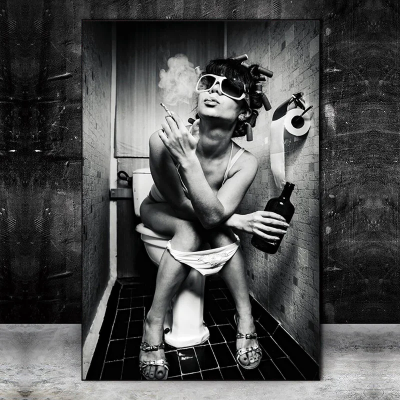 Seksi Ženske, Kajenjem V Toaletnih Platna Slike Črno-Bele Stene Umetnosti Poster Tiskanje Sodobno Sliko Wc Bar Doma Dekoracijo
