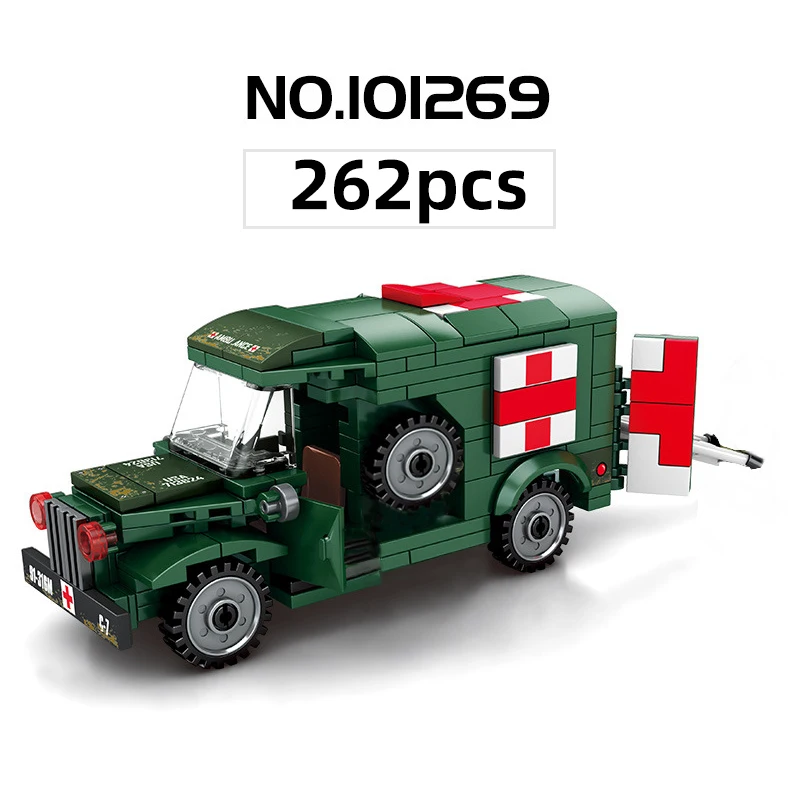 SEMBO 262pcs Vojaške Ambulante Gradnik Združljiv WW2 vozila Vojsko tovornjak ameriški Vojak Opeke Izobraževalne igrače za otroke