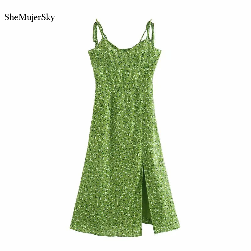 SheMujerSky Strappy Spagehtti Trak Zelena Obleka Ženske Poletje Cvjetnim Tiskanja Midi Obleke 2020 Elastični Pas Slim Obleko