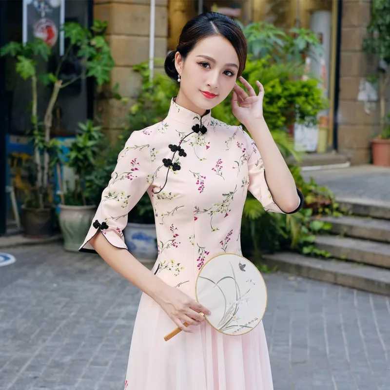 Sheng Coco Tradicionalna Kitajska Obleka Ženske Sveže Cheongsam Suknjič Tiskanje Qipao Vrh Retro Hanfu Oblačila Camisa Kitajska Mujer
