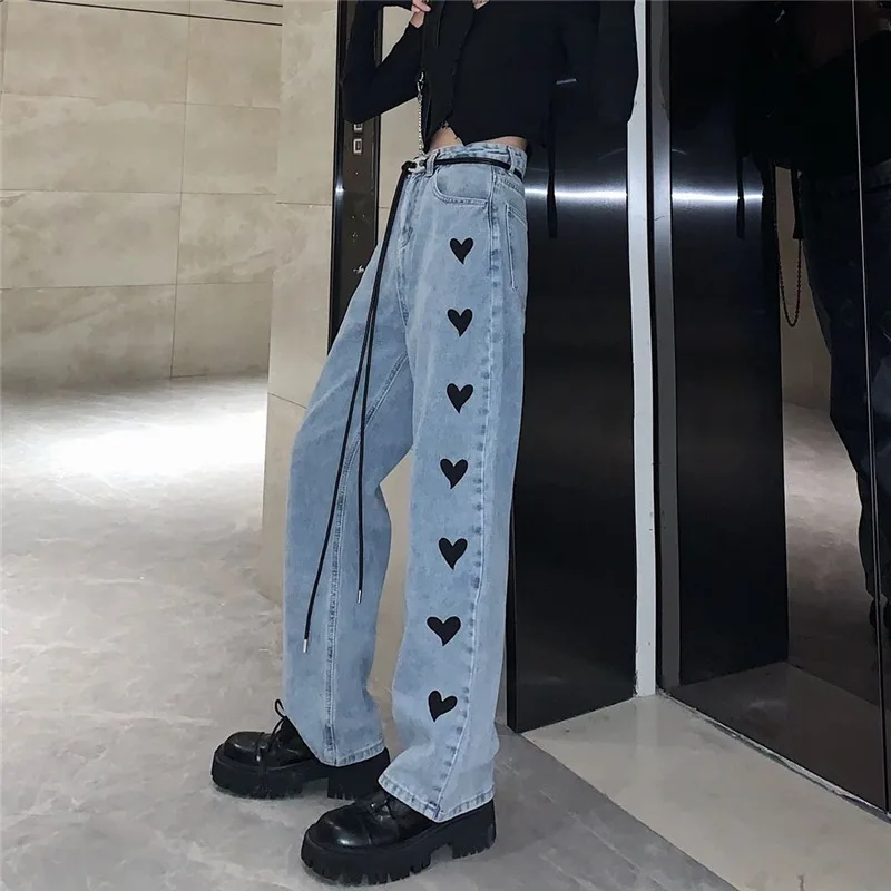 SHENGPALAE Jeseni 2021 Nove Ženske Jeans korejski Retro Design Ljubezen Vzorec Visok Pas Širok Noge Zbiranjem Kavbojske Hlače Modni 5A115