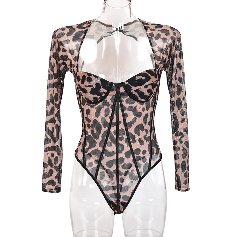 Shestyle Oblazinjeni Bodysuits Ženske Kvadratnih Vratu Očesa Leopard Zajemalka Nazaj Rjava Seksi Slim Zaviti Clubwear Povodcem Romppers Fitnes