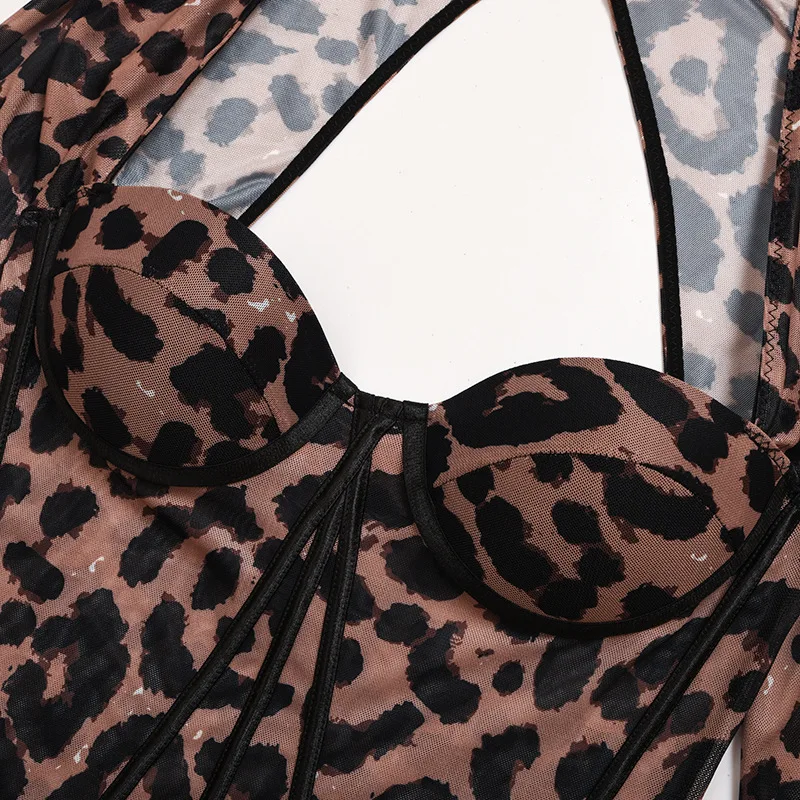 Shestyle Oblazinjeni Bodysuits Ženske Kvadratnih Vratu Očesa Leopard Zajemalka Nazaj Rjava Seksi Slim Zaviti Clubwear Povodcem Romppers Fitnes