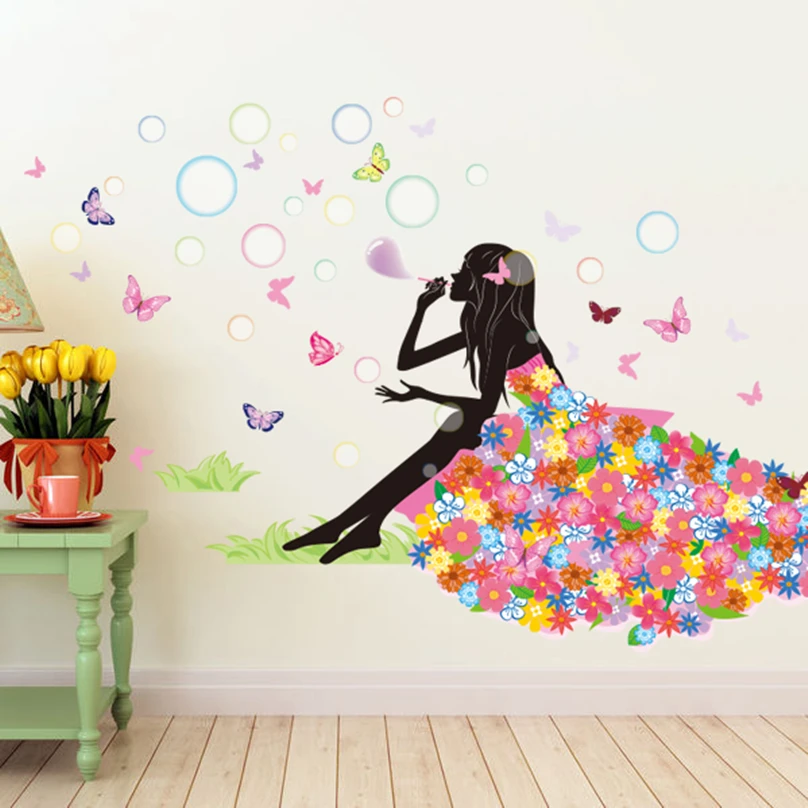 [shijuekongjian] Risanka Dekle Stenske Nalepke DIY Mehurčki Cvet Metulji Zidana Nalepke za dnevno Sobo, Otroci Soba Dekoracijo