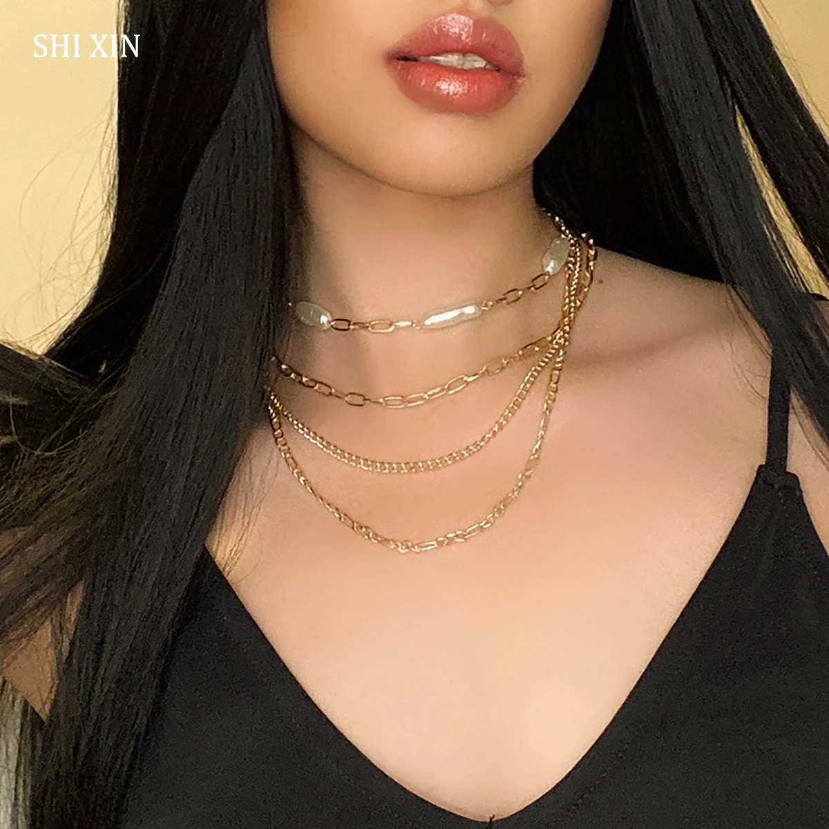 SHIXIN 2 kom/Set Multi Layer Pearl Choker Ogrlica za Ženske Modni Verigi na Vratu Ogrlico Kola Nakit Collier Femme 2021